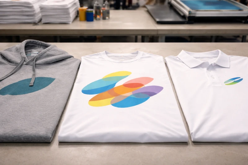 Comparison of screen printing, DTF, and heat transfer on hoodie, sports shirt, and polo showing texture and surface finish differences under professional inspection lighting.