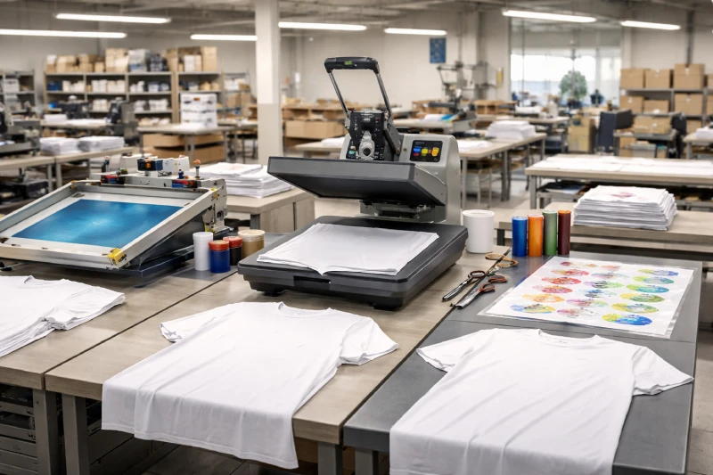 Professional apparel printing factory comparing screen printing, heat press, and DTF setup with blank T-shirts in a structured production environment.