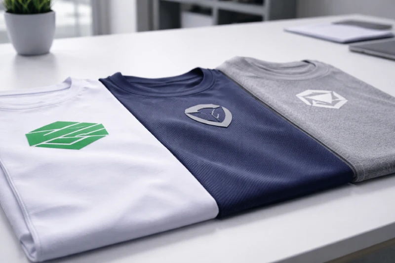 Comparaison technique de panneaux de tissus sportswear montrant différentes méthodes d’impression de logo, notamment l’impression à plat, l’application silicone et la broderie, pour évaluer la performance et la durabilité.
