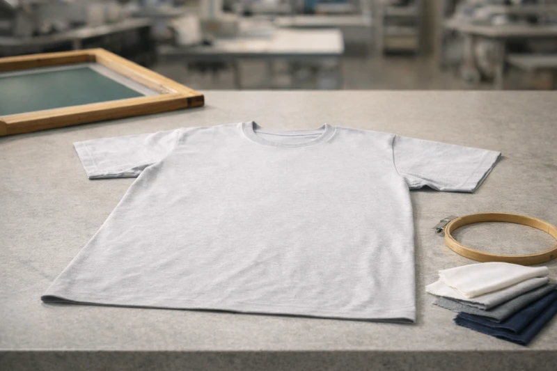T-shirt uni posé à plat avec cadre de sérigraphie et tambour de broderie pour l’évaluation des décorations d’uniformes d’entreprise
