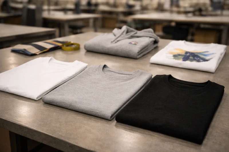 Validación de muestras de camisetas que muestra comparación de gramaje del tejido, detalle de costuras, muestra de bordado y prenda estampada sobre una mesa de inspección industrial.