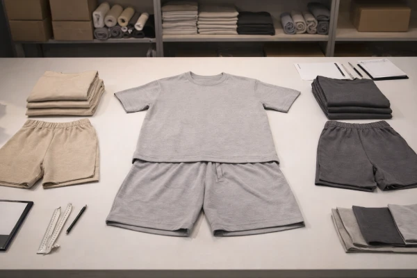 Blank unisex cotton short sleeve and shorts set prepared for private label sampling.