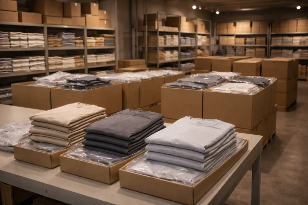 Bulk-packed unisex cotton short sleeve and shorts sets prepared for seasonal distribution.