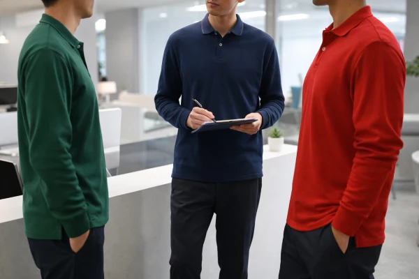 Unisex long sleeve knitted polo shirt used as corporate office workwear uniform