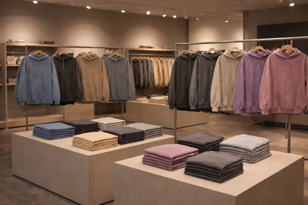 Vintage water washed effect pullover hoodie displayed in a casual retail showroom.