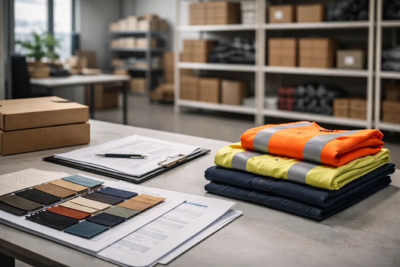 Échantillons de vêtements de travail et échantillons de tissus disposés pour la planification des achats en volume
