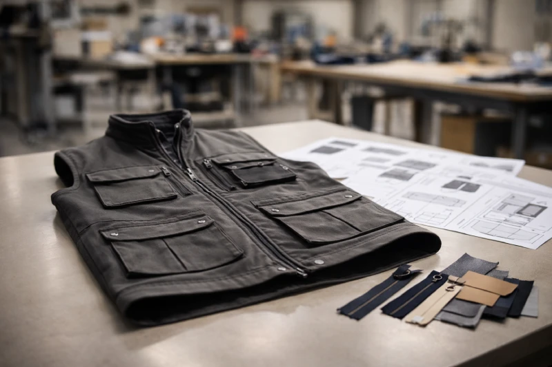 Gilet de travail posé à plat lors de la planification de fabrication, avec échantillons de tissus et de garnitures dans un espace de travail en usine