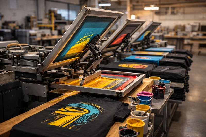 automatic screen printing machine producing custom printed t-shirts