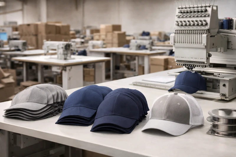 Atelier de fabrication de casquettes en gros, avec panneaux de casquettes en coton, polyester et mesh préparés pour la broderie et l’assemblage sur ligne de production OEM