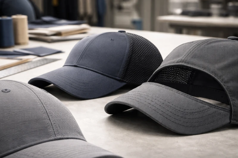 Nahaufnahme: Vergleich von Baumwoll- und Polyester-Capstoffen mit verstärkten Nähten für Outdoor- und Arbeitsumgebungen