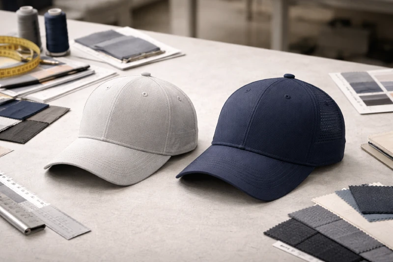 Cotton and polyester caps compared in a product development workspace showing material texture and embroidery-ready construction for B2B sourcing