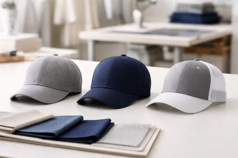 Cotton vs polyester vs mesh caps displayed side by side in professional sampling studio for bulk order material comparison