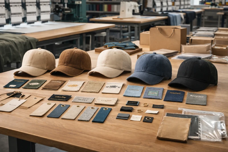 Custom baseball cap fabric, label, and packaging options