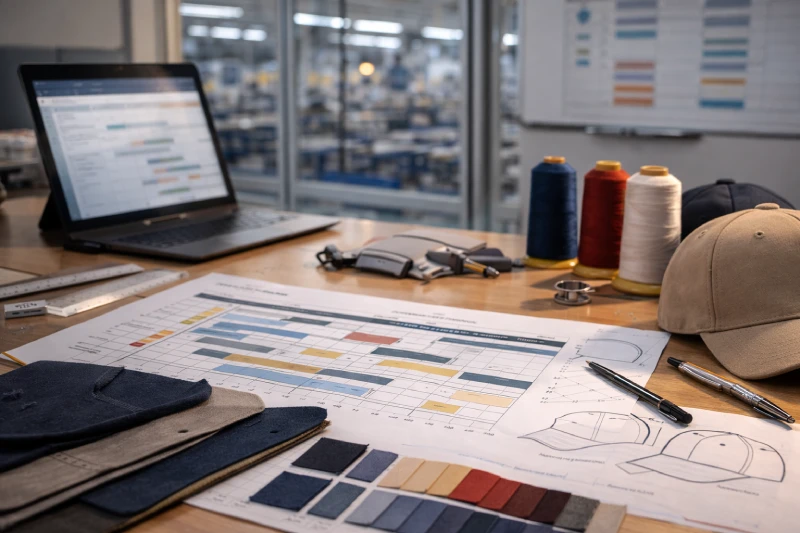 custom caps production planning desk showing sampling schedule and lead time workflow in apparel factory