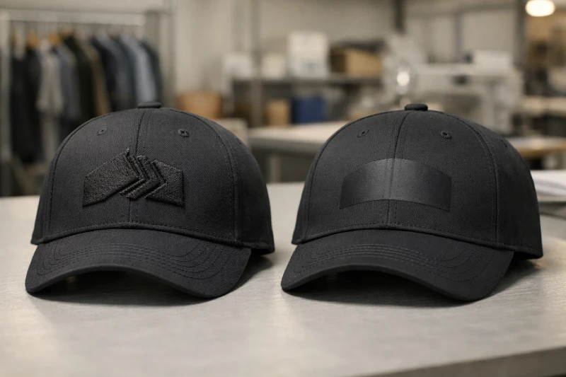 Custom logo options for caps showing embroidery vs printing comparison in professional manufacturing environment