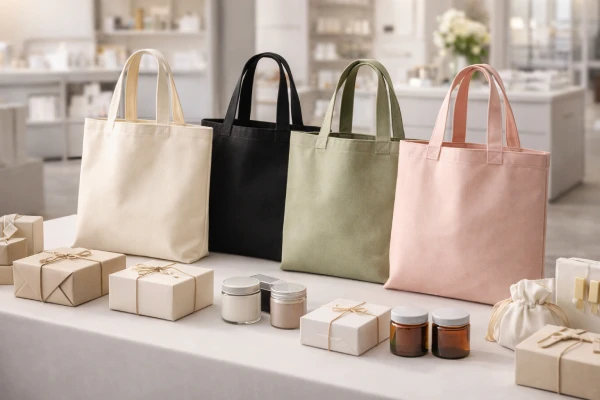 Custom paper tote bags used for boutique product packaging