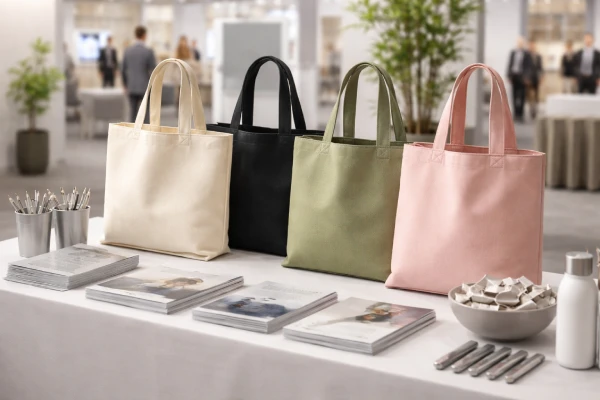 Custom paper tote bags prepared for promotional event distribution