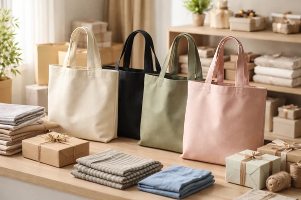 Custom paper tote bags displayed at a retail packaging counter