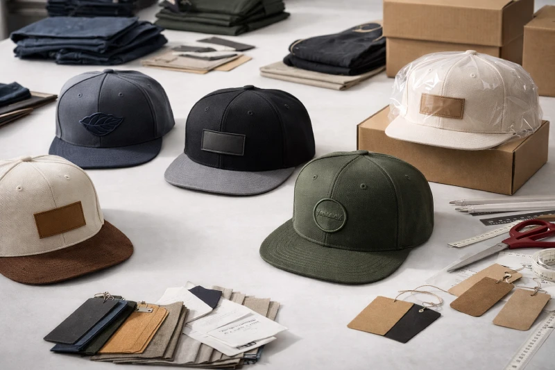 Comparison of custom snapback cap samples with different fabrics, embroidery styles, woven labels, packaging, and brim designs