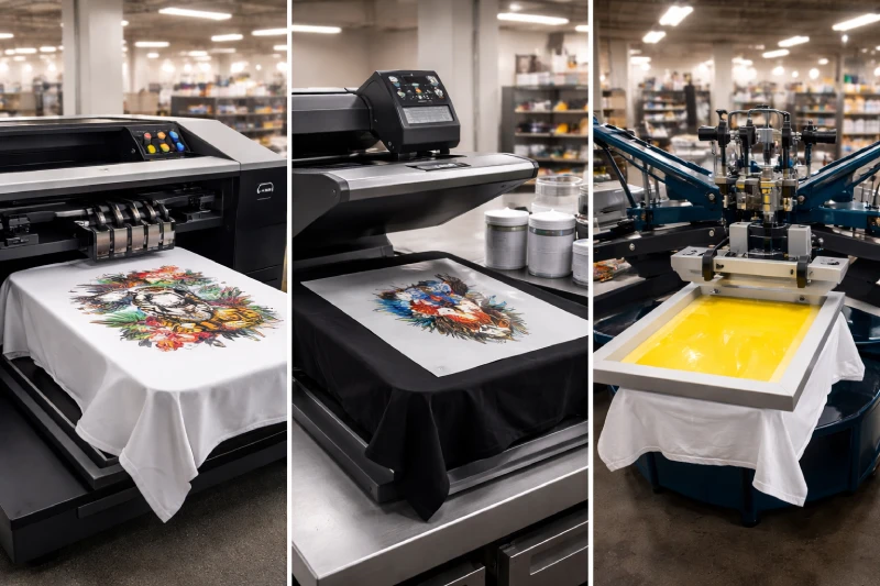 DTG vs DTF vs screen printing comparison in apparel production workshop