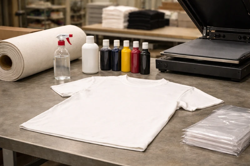 DTG printing cost breakdown scene showing blank cotton T-shirt with fabric roll, pretreatment spray, white and CMYK ink bottles, heat press and packaging materials in apparel production studio