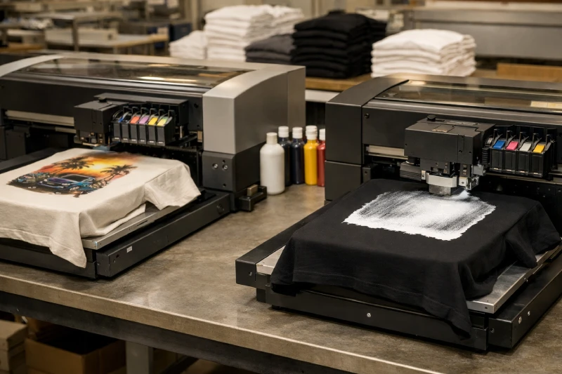 Professional DTG printing factory scene showing light and dark cotton T-shirts being printed with visible white underbase and multicolor ink layers in a garment production facility