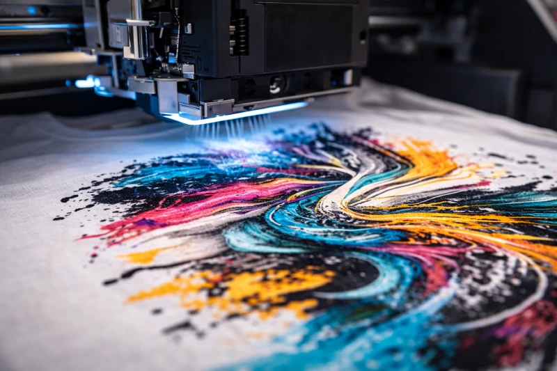 DTG printer applying full-color design onto cotton t-shirt