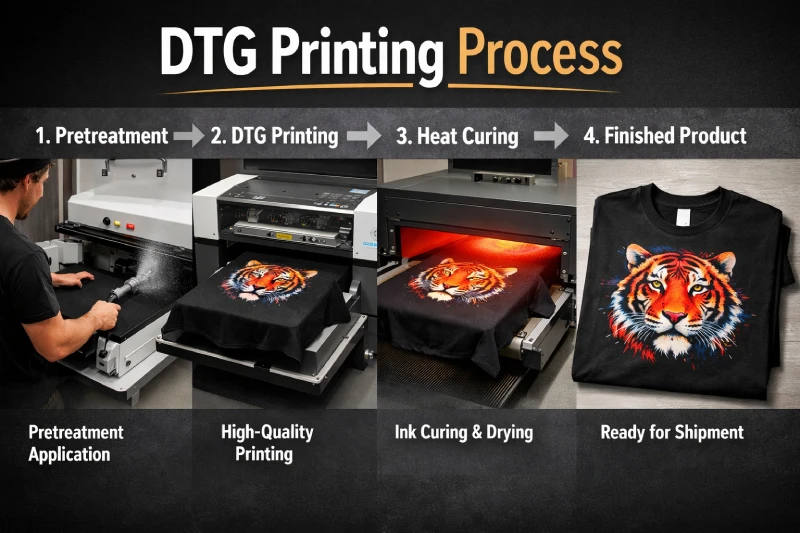 DTG printing process workflow including pretreatment, garment printing and heat curing in apparel production
