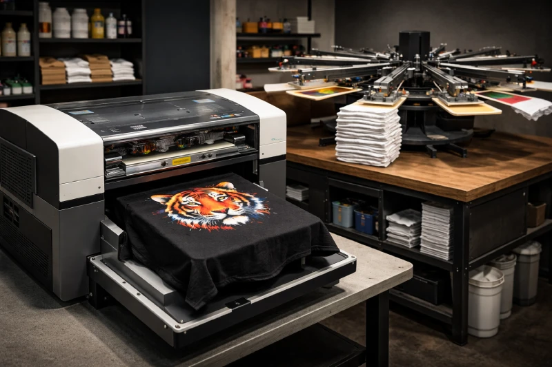 DTG printer printing a graphic design on a cotton t-shirt in a professional garment production workshop