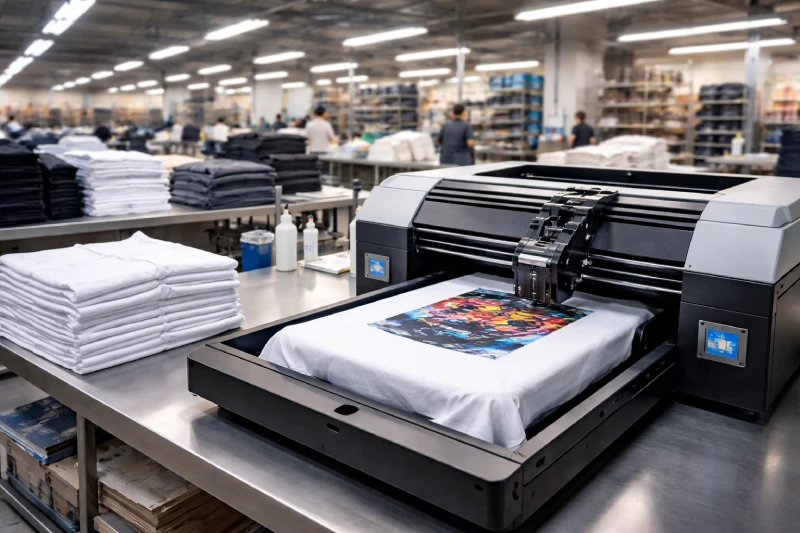 professional dtg t-shirt printing production in apparel manufacturing facility
