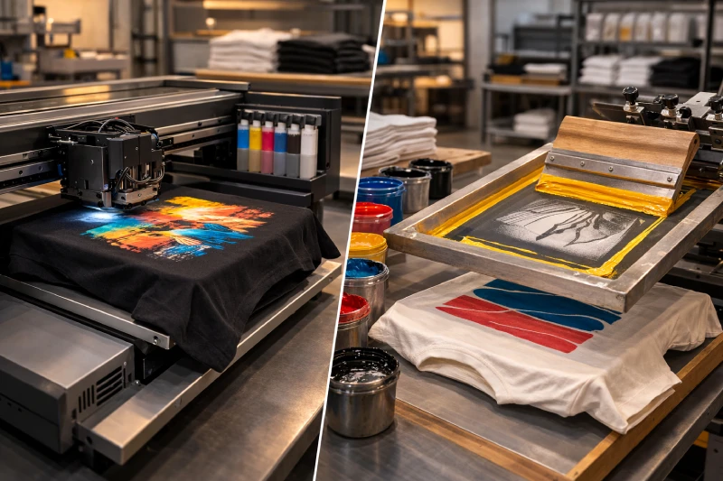 Side-by-side DTG and screen printing production comparison showing direct-to-garment printer and manual screen printing workstation in professional apparel factory