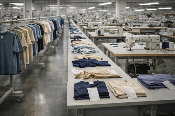 efficient apparel production line at private label clothing manufacturer with garments progressing through organized manufacturing workflow