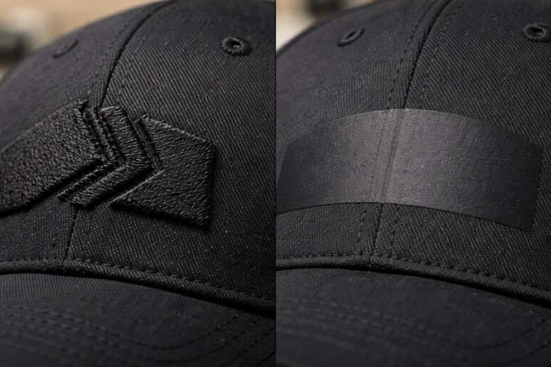 Comparatif broderie vs impression sur casquettes montrant les différences de texture et de surface pour les commandes personnalisées en gros
