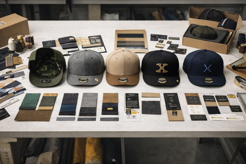 Custom fitted cap samples with different materials and branding options