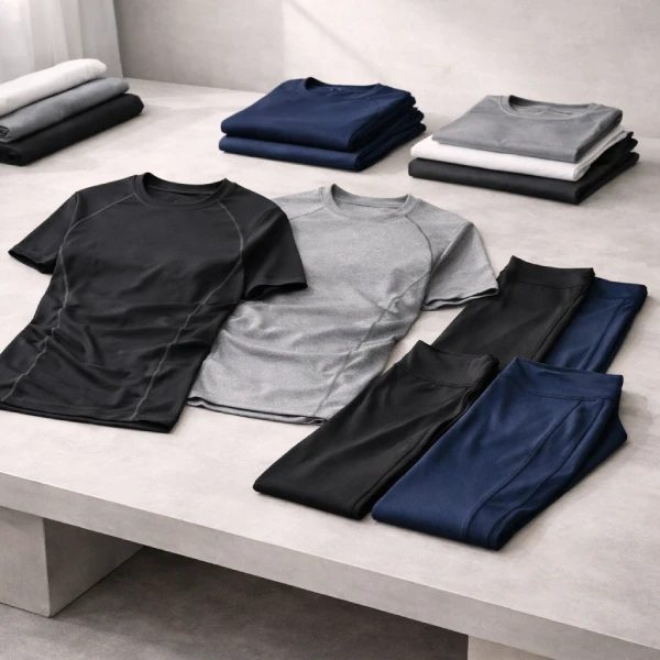 flat lay gym clothing samples for private label clothing manufacturer