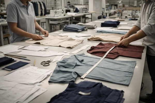 garment development process at private label clothing manufacturer with technicians reviewing apparel samples and patterns