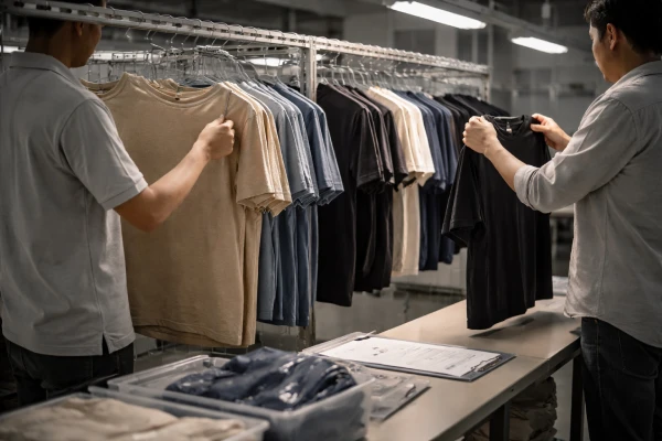 garment quality control process at private label clothing manufacturer with workers inspecting finished apparel on hanging racks