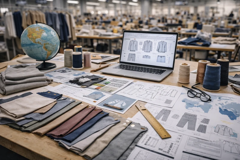 concepto global de aprovisionamiento de ropa de marca privada y cadena de suministro de prendas de vestir