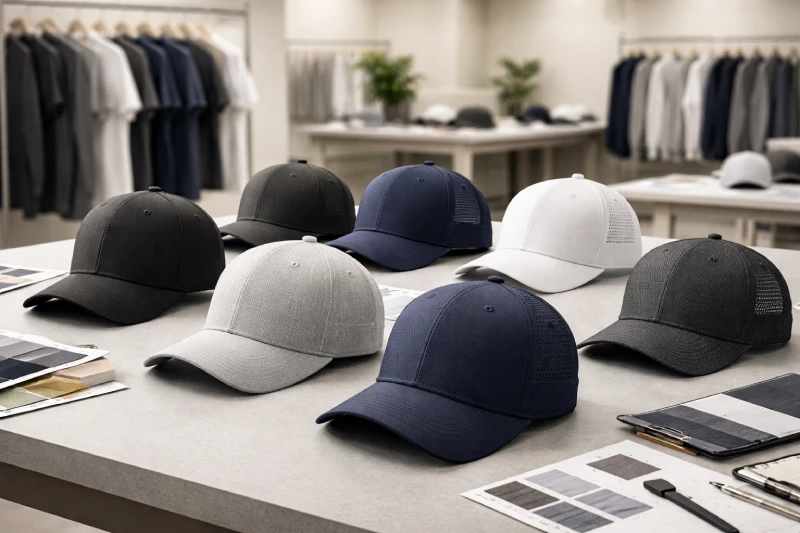 Multiple custom caps displayed in a professional B2B apparel showroom environment for promotional and corporate sourcing decisions