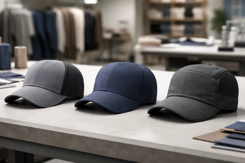 Different types of caps for outdoor events and work environments displayed in a professional apparel showroom setting