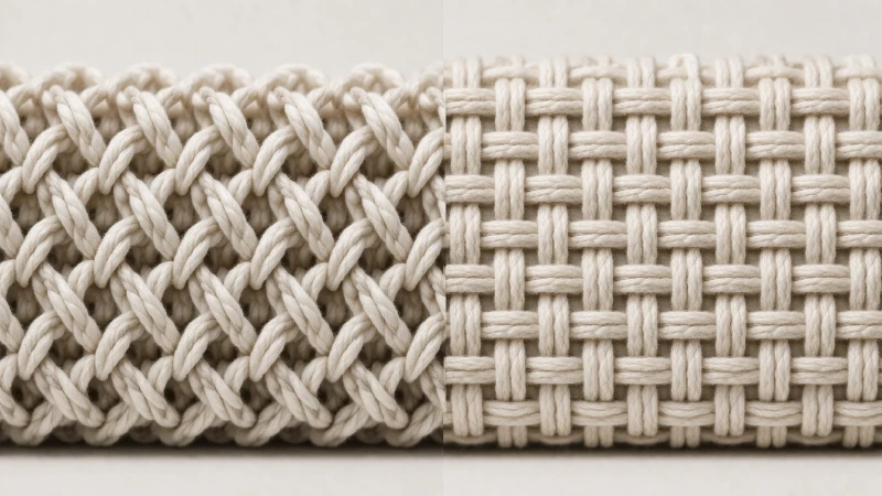 comparison of knit and woven fabric structures showing looped vs interlaced yarns