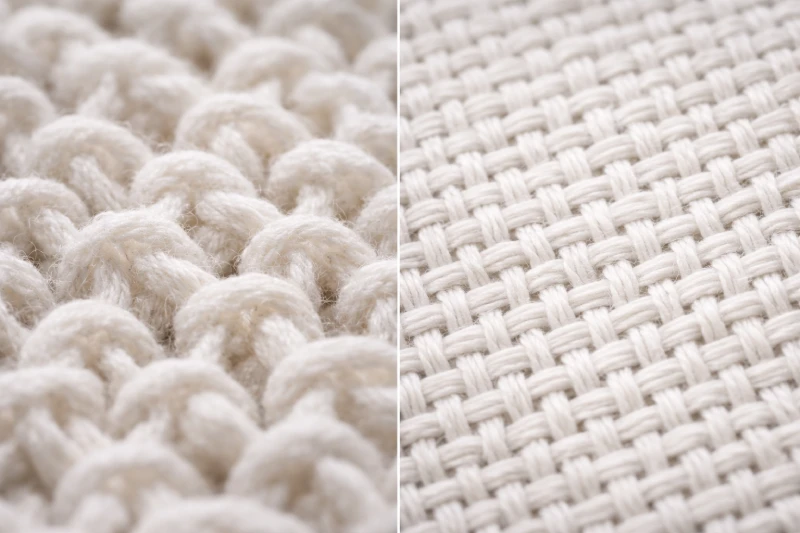 comparaison de la structure maille vs tissu en coton tissé : boucles et fils entrelacés