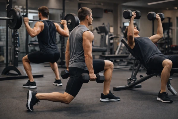 men wearing compression leggings during indoor gym strength training