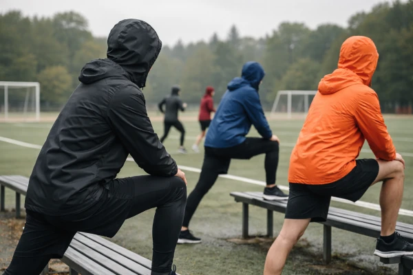 Lightweight hooded windbreaker jackets used during outdoor training in mild weather