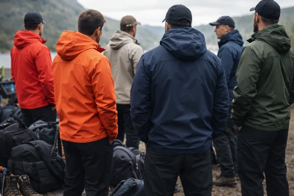 Men wearing matching lightweight hooded windbreaker jackets for outdoor team uniform use