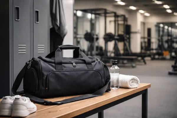 Oxford fabric gym bag placed in a fitness locker room environment