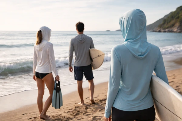 Long sleeve hooded UV protection apparel used in coastal outdoor environment