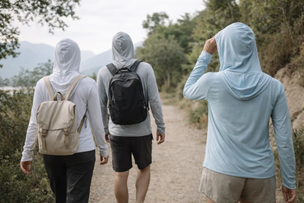 Hooded sun protection garment worn during outdoor travel activities