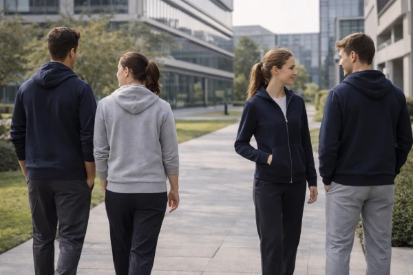 Employees wearing zipper sweatshirts as part of corporate workwear program