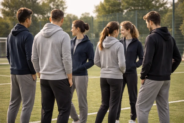 Group wearing matching zipper sweatshirts for team or organization apparel use